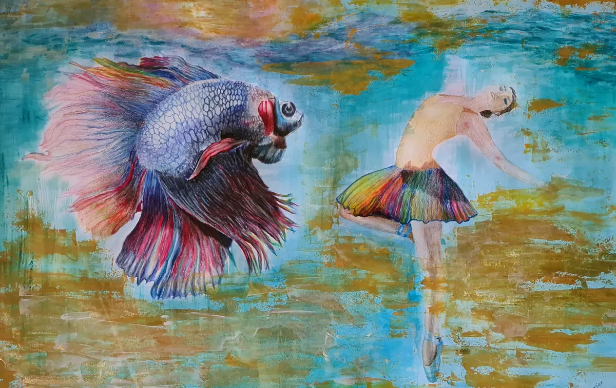 Gemälde mit einer Ballerina in arabesker Pose und einem bunten Betta-Fisch, beide vor einem abstrakten, farbenreichen Hintergrund, als Sinnbild für den Tanz als Ursprungsform menschlicher Kunst.