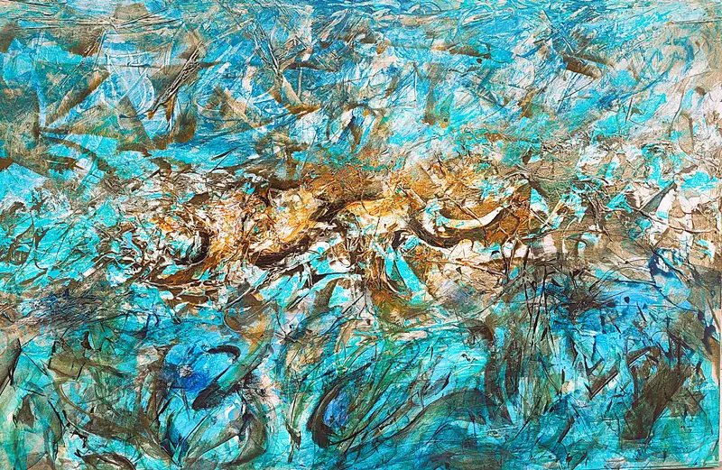 Abstraktes Gemälde „Aufsteigende Erinnerungen“ in Türkis‑, Rost‑ und Brauntönen mit dynamischen, fließenden Strukturen, die an Wasserbewegung und energetische Transformation erinnern. Acryl auf Leinwand, 100 × 150 cm.