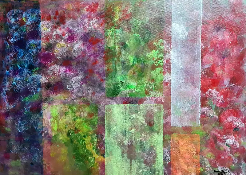 Abstraktes Gemälde mit lebendigen Farben wie Rot, Blau, Grün und Weiß, durchzogen von halbtransparenten Streifen und Rechtecken. Die geometrischen Elemente symbolisieren Wahrnehmungsfilter, durch die jeder Betrachter das Bild anders interpretiert. Die Komposition wirkt vielschichtig und offen für pe