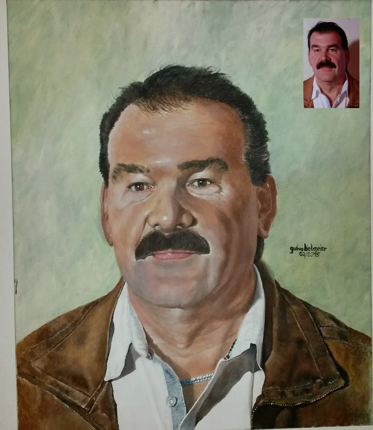 Handgemaltes Menschenportrait auf Leinwand, nach Fotovorlage mit Acrylfarben gestaltet. Zeigt ein ausdrucksstarkes Gesicht mit emotionaler Tiefe und individueller Farbgebung.