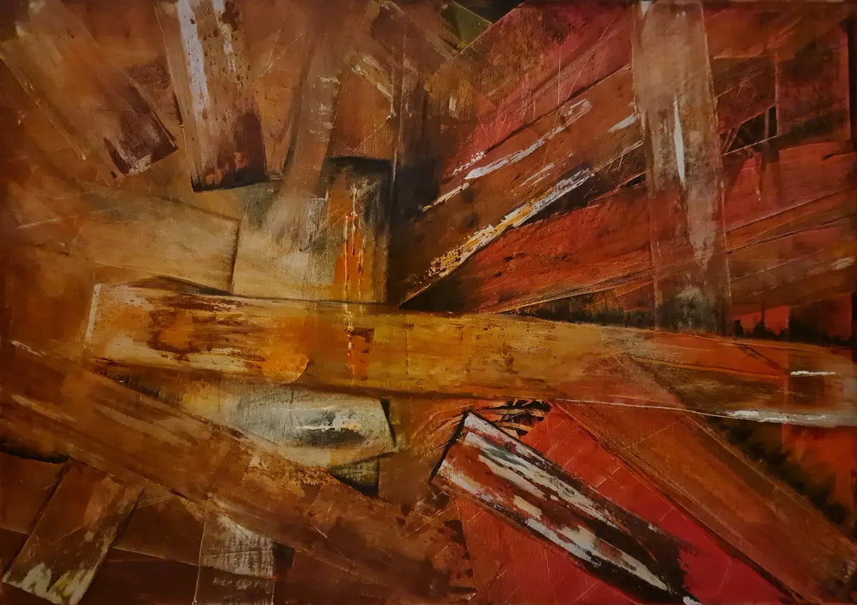 Abstraktes Kunstwerk in warmem Farbspektrum mit braun-orange-roten Rechtecken und weißen Akzenten; strukturierte Pinselführung sorgt für räumliche Tiefe und visuelle Dynamik, optimal für moderne Gestaltungskonzepte.