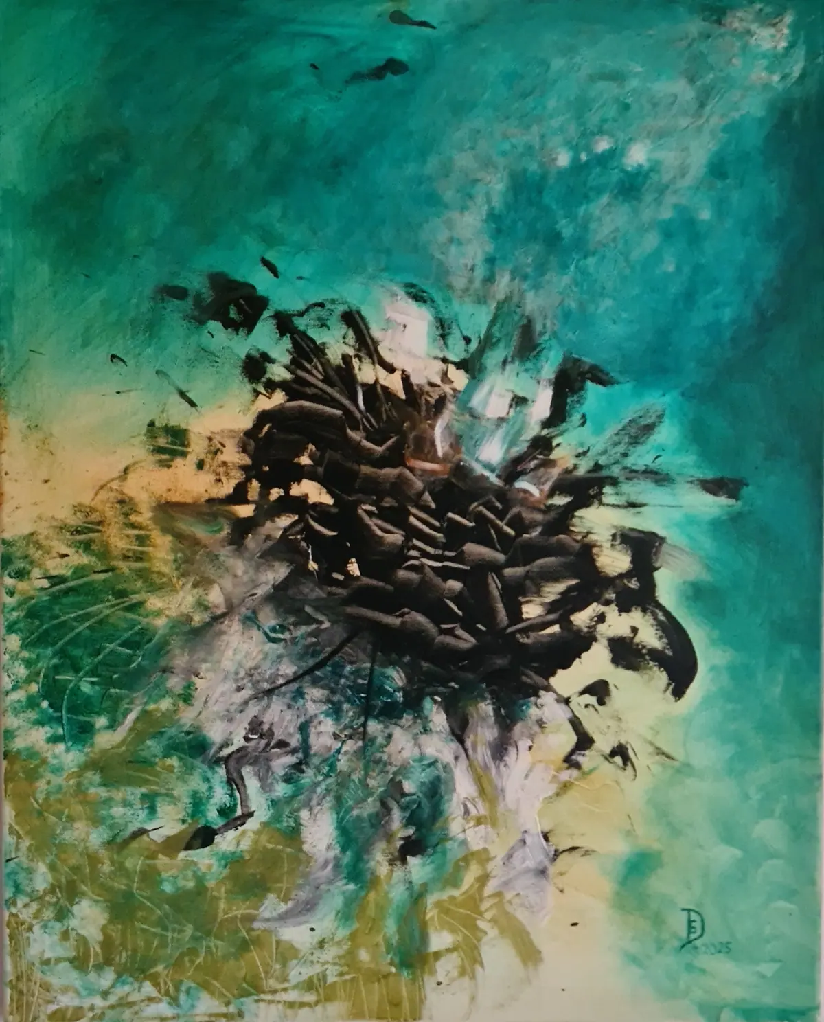 abstraktes Kunstwerk mit dunklen zentralen Formen, die an gedachte Strukturen erinnern, umgeben von leuchtenden Grün-, Teal- und Gelbtönen. Die Komposition wirkt energetisch und vielschichtig, wie ein visueller Ausdruck innerer Erinnerungsprozesse.