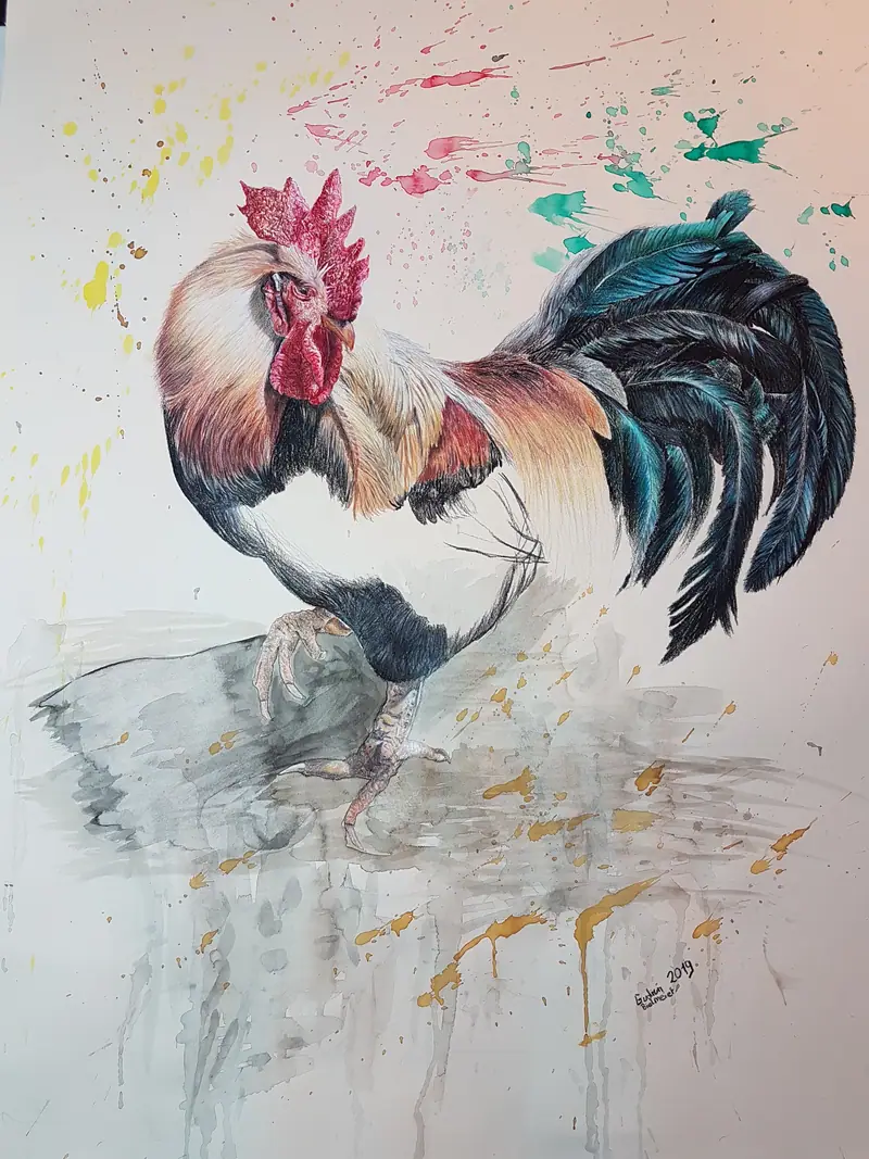 Realistisches und expressives Hahnenporträt mit lebendigen Farben und abstrahiertem Hintergrund, kunstvolle Zeichnung zwischen Tierstudie und freier Interpretation.