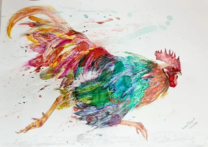 Ausdrucksstarke Malerei eines rennenden Hahns auf Sand, symbolisiert Zeitfluss und Vergänglichkeit; modernes Tierporträt mit dynamischem Pinselduktus im Kunststil des zeitgenössischen Expressionismus.